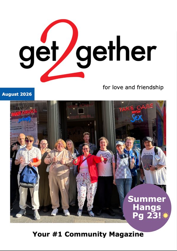 The August 2026 Community Magazine cover — get2gether members outside Crew2000 on Cockburn Street, giving thumbs up after a Let’s Talk About Sex event