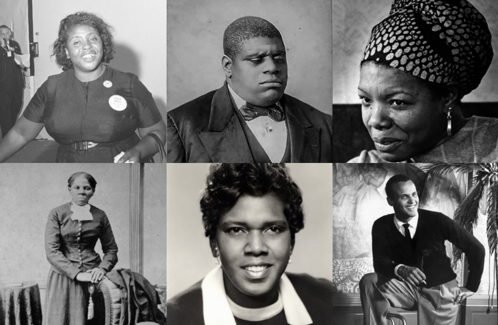 From left to right, Fannie Lou Hamer, 'Blind Tom' Wiggins, Maya Angelou, Harriet Tubman, Barbara Jordan and Harry Belfonte